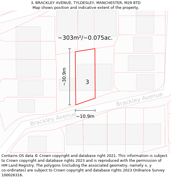 3, BRACKLEY AVENUE, TYLDESLEY, MANCHESTER, M29 8TD: Plot and title map