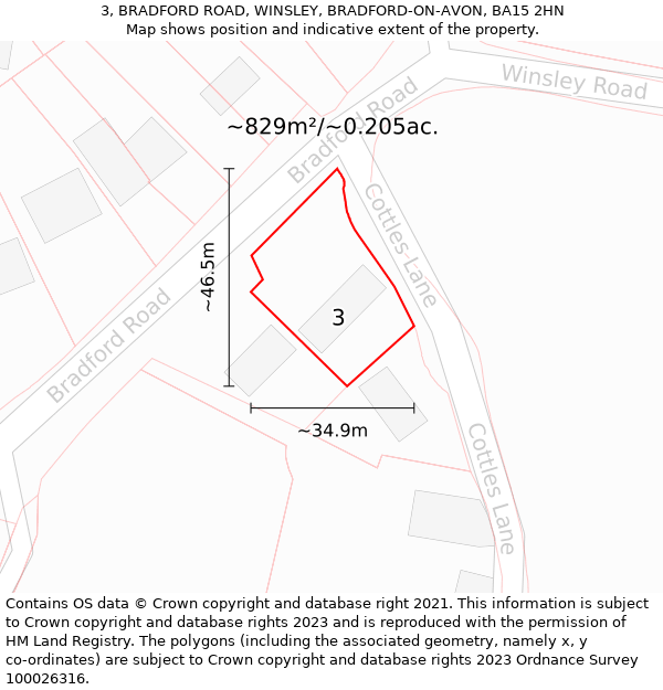 3, BRADFORD ROAD, WINSLEY, BRADFORD-ON-AVON, BA15 2HN: Plot and title map