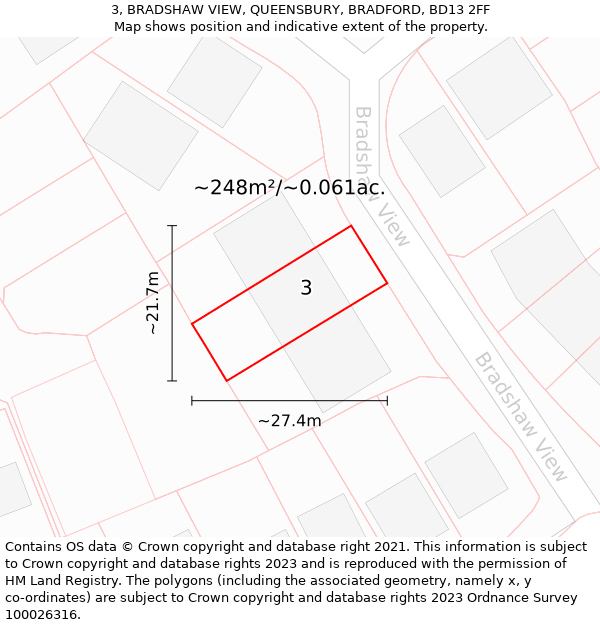 3, BRADSHAW VIEW, QUEENSBURY, BRADFORD, BD13 2FF: Plot and title map