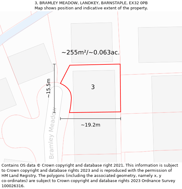 3, BRAMLEY MEADOW, LANDKEY, BARNSTAPLE, EX32 0PB: Plot and title map