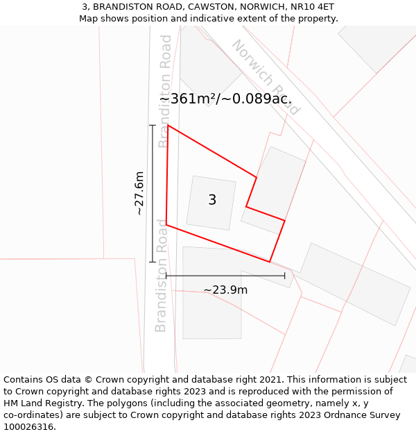 3, BRANDISTON ROAD, CAWSTON, NORWICH, NR10 4ET: Plot and title map