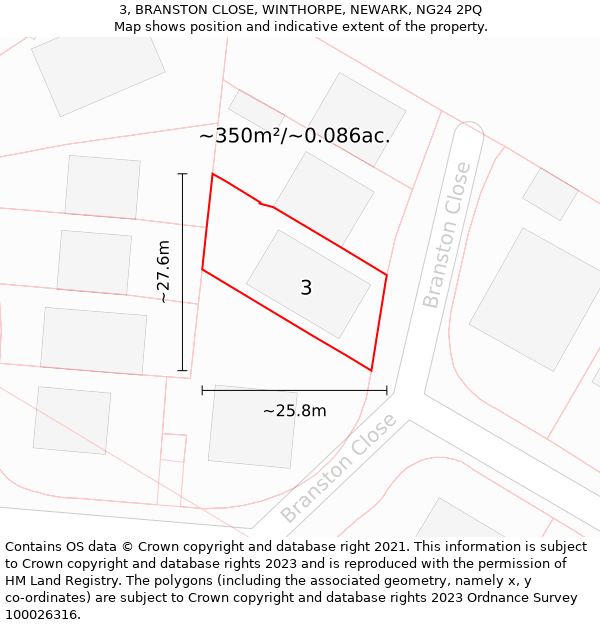 3, BRANSTON CLOSE, WINTHORPE, NEWARK, NG24 2PQ: Plot and title map