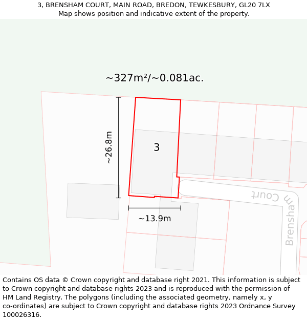 3, BRENSHAM COURT, MAIN ROAD, BREDON, TEWKESBURY, GL20 7LX: Plot and title map