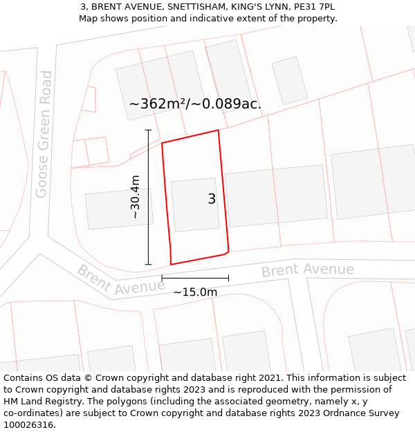 3, BRENT AVENUE, SNETTISHAM, KING'S LYNN, PE31 7PL: Plot and title map