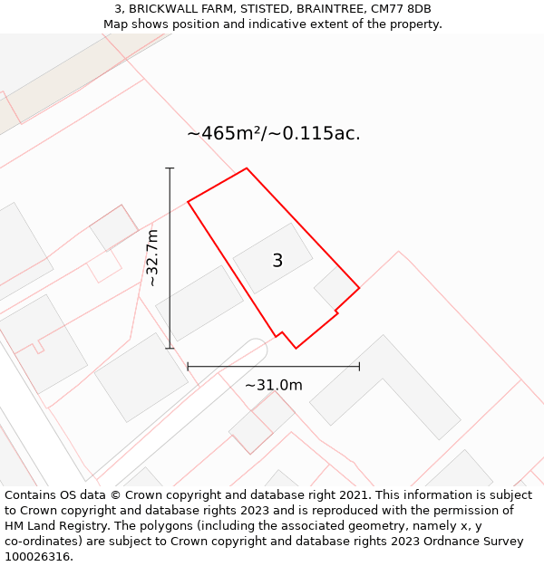 3, BRICKWALL FARM, STISTED, BRAINTREE, CM77 8DB: Plot and title map