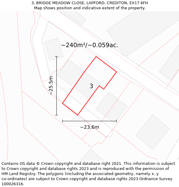 3, BRIDGE MEADOW CLOSE, LAPFORD, CREDITON, EX17 6FH: Plot and title map