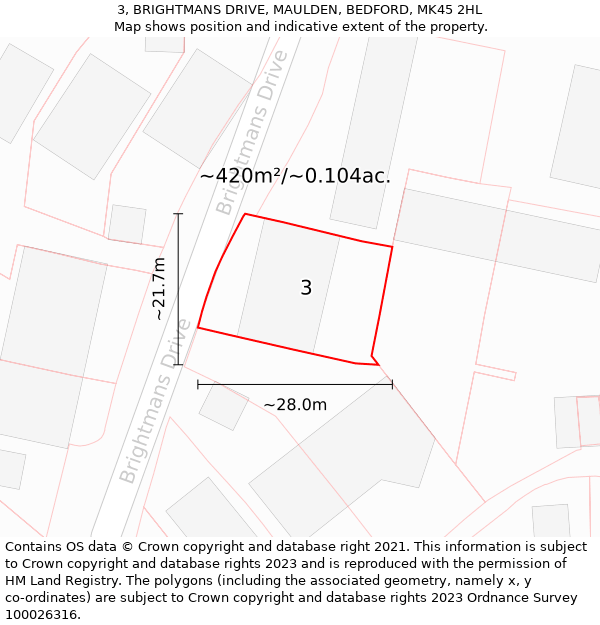 3, BRIGHTMANS DRIVE, MAULDEN, BEDFORD, MK45 2HL: Plot and title map