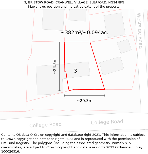 3, BRISTOW ROAD, CRANWELL VILLAGE, SLEAFORD, NG34 8FG: Plot and title map