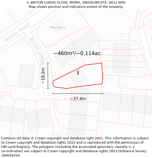 3, BRITON LODGE CLOSE, MOIRA, SWADLINCOTE, DE12 6DD: Plot and title map