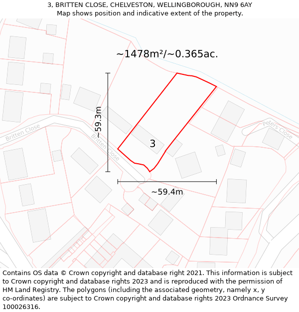 3, BRITTEN CLOSE, CHELVESTON, WELLINGBOROUGH, NN9 6AY: Plot and title map