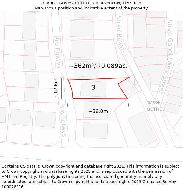 3, BRO EGLWYS, BETHEL, CAERNARFON, LL55 1GA: Plot and title map