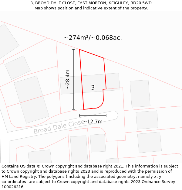 3, BROAD DALE CLOSE, EAST MORTON, KEIGHLEY, BD20 5WD: Plot and title map