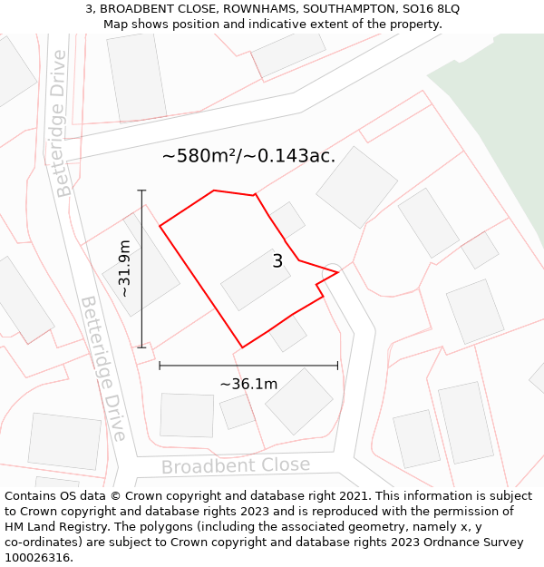 3, BROADBENT CLOSE, ROWNHAMS, SOUTHAMPTON, SO16 8LQ: Plot and title map