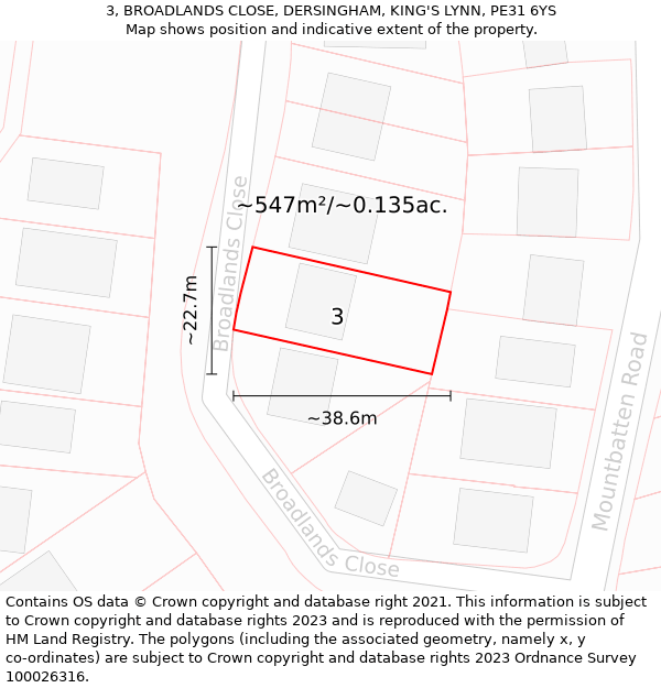 3, BROADLANDS CLOSE, DERSINGHAM, KING'S LYNN, PE31 6YS: Plot and title map