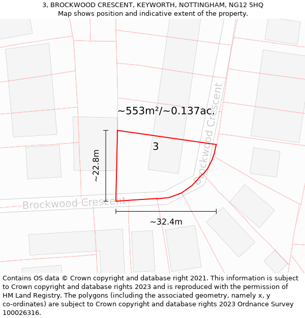 3, BROCKWOOD CRESCENT, KEYWORTH, NOTTINGHAM, NG12 5HQ: Plot and title map