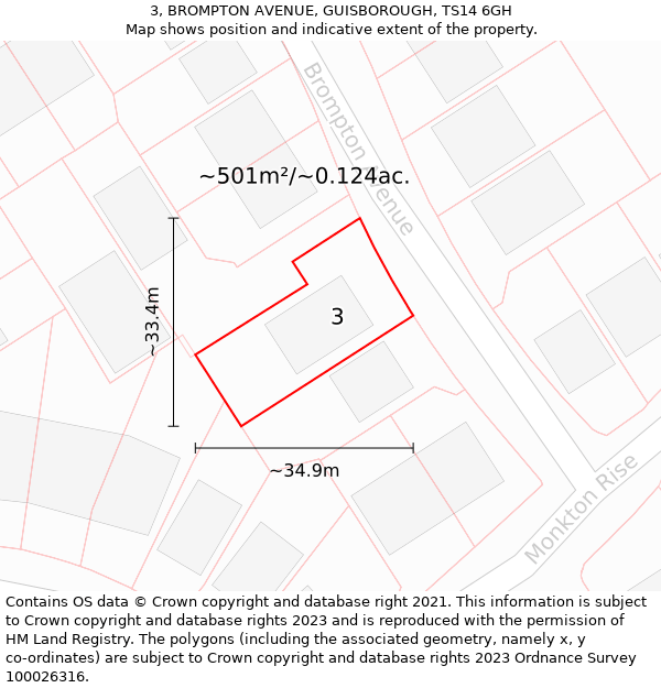 3, BROMPTON AVENUE, GUISBOROUGH, TS14 6GH: Plot and title map