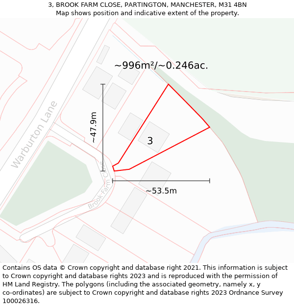 3, BROOK FARM CLOSE, PARTINGTON, MANCHESTER, M31 4BN: Plot and title map