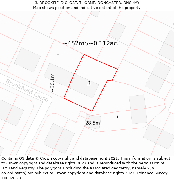 3, BROOKFIELD CLOSE, THORNE, DONCASTER, DN8 4AY: Plot and title map