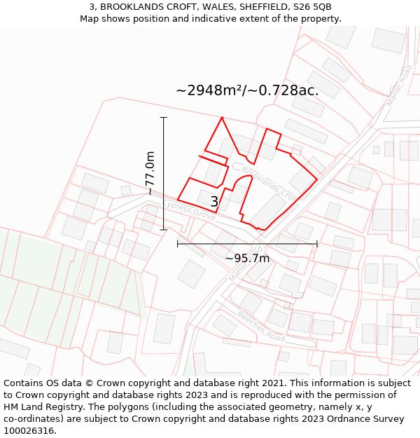 3, BROOKLANDS CROFT, WALES, SHEFFIELD, S26 5QB: Plot and title map