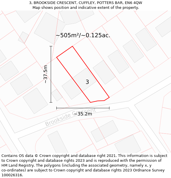 3, BROOKSIDE CRESCENT, CUFFLEY, POTTERS BAR, EN6 4QW: Plot and title map