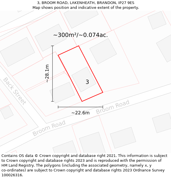 3, BROOM ROAD, LAKENHEATH, BRANDON, IP27 9ES: Plot and title map