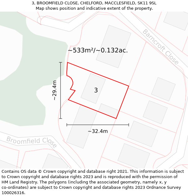 3, BROOMFIELD CLOSE, CHELFORD, MACCLESFIELD, SK11 9SL: Plot and title map