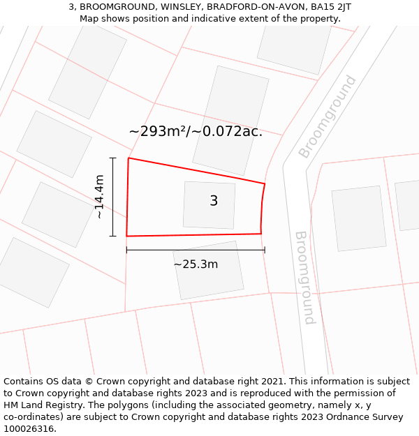 3, BROOMGROUND, WINSLEY, BRADFORD-ON-AVON, BA15 2JT: Plot and title map