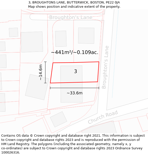 3, BROUGHTONS LANE, BUTTERWICK, BOSTON, PE22 0JA: Plot and title map