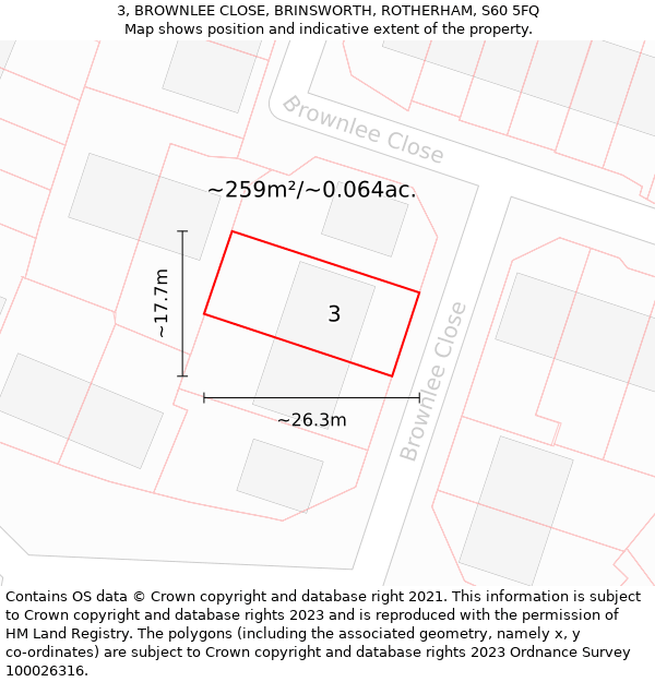 3, BROWNLEE CLOSE, BRINSWORTH, ROTHERHAM, S60 5FQ: Plot and title map