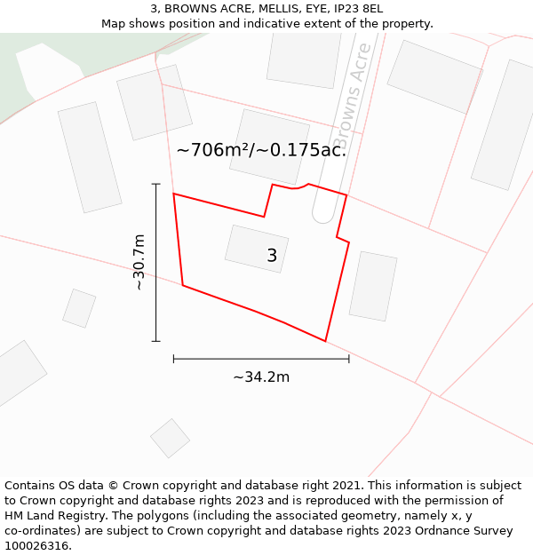 3, BROWNS ACRE, MELLIS, EYE, IP23 8EL: Plot and title map