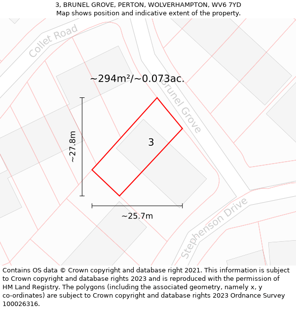 3, BRUNEL GROVE, PERTON, WOLVERHAMPTON, WV6 7YD: Plot and title map