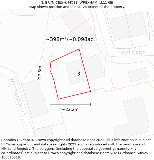 3, BRYN CELYN, MOSS, WREXHAM, LL11 6EJ: Plot and title map