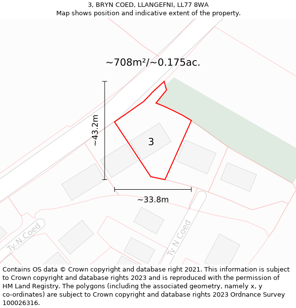 3, BRYN COED, LLANGEFNI, LL77 8WA: Plot and title map