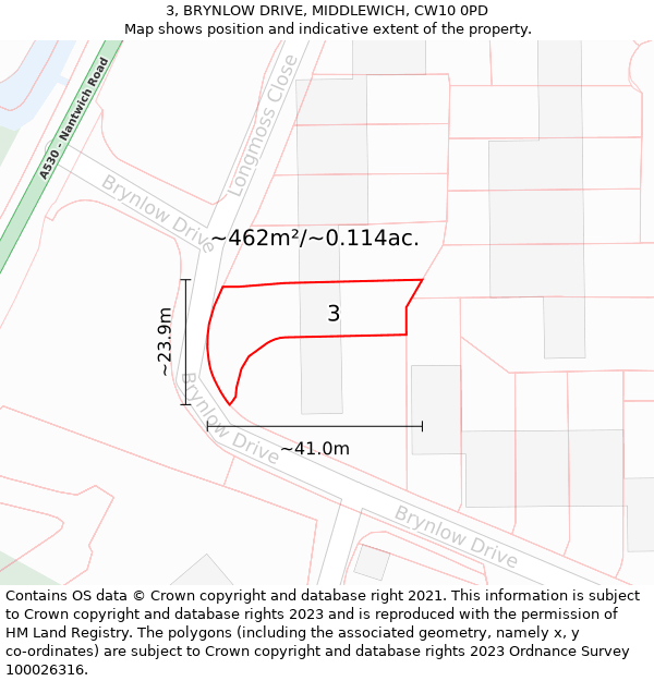 3, BRYNLOW DRIVE, MIDDLEWICH, CW10 0PD: Plot and title map