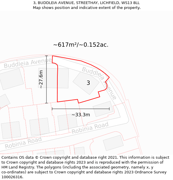 3, BUDDLEIA AVENUE, STREETHAY, LICHFIELD, WS13 8LL: Plot and title map