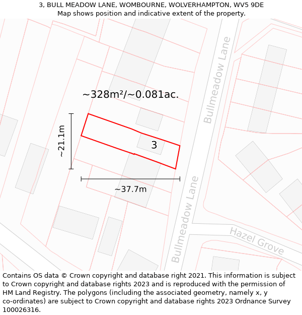 3, BULL MEADOW LANE, WOMBOURNE, WOLVERHAMPTON, WV5 9DE: Plot and title map