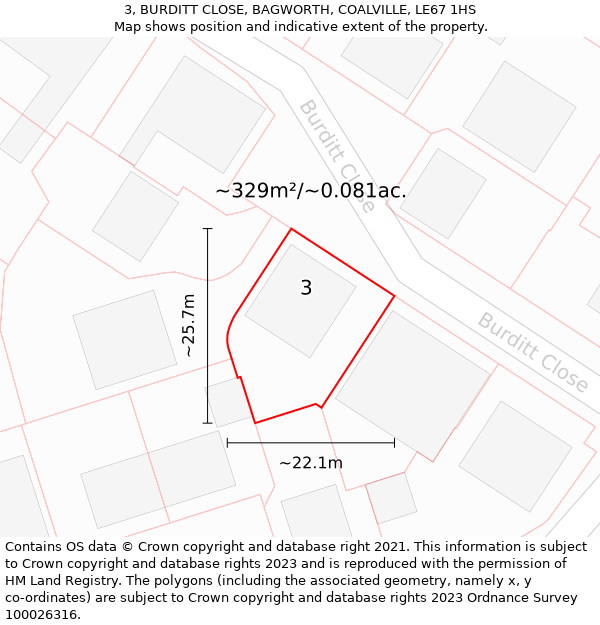 3, BURDITT CLOSE, BAGWORTH, COALVILLE, LE67 1HS: Plot and title map