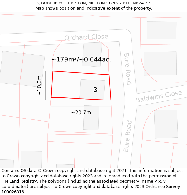 3, BURE ROAD, BRISTON, MELTON CONSTABLE, NR24 2JS: Plot and title map