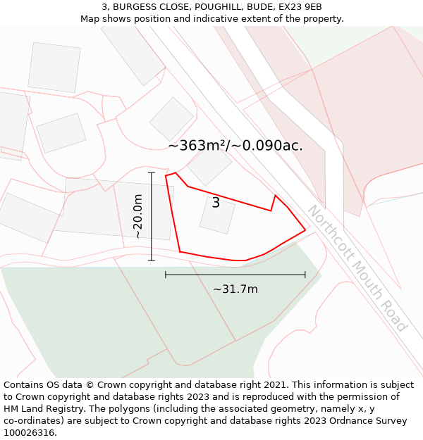 3, BURGESS CLOSE, POUGHILL, BUDE, EX23 9EB: Plot and title map