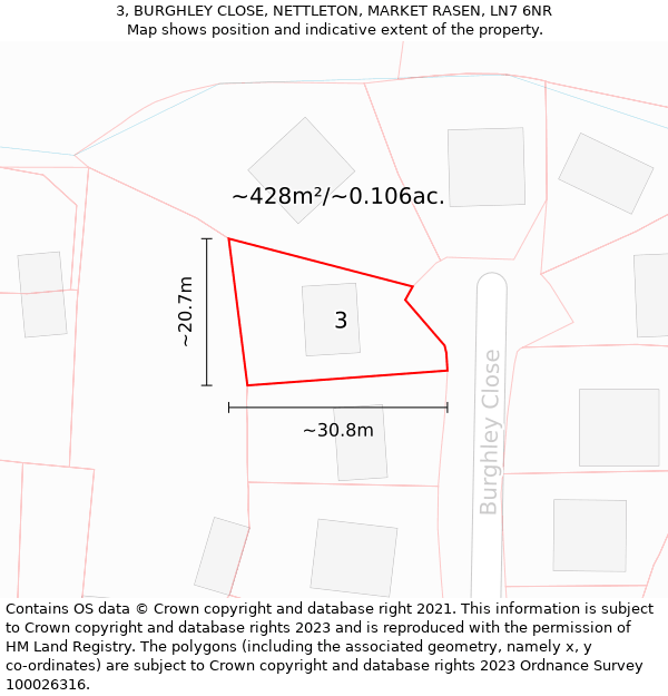 3, BURGHLEY CLOSE, NETTLETON, MARKET RASEN, LN7 6NR: Plot and title map