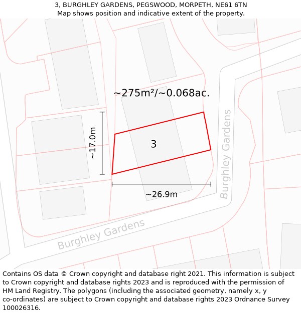 3, BURGHLEY GARDENS, PEGSWOOD, MORPETH, NE61 6TN: Plot and title map