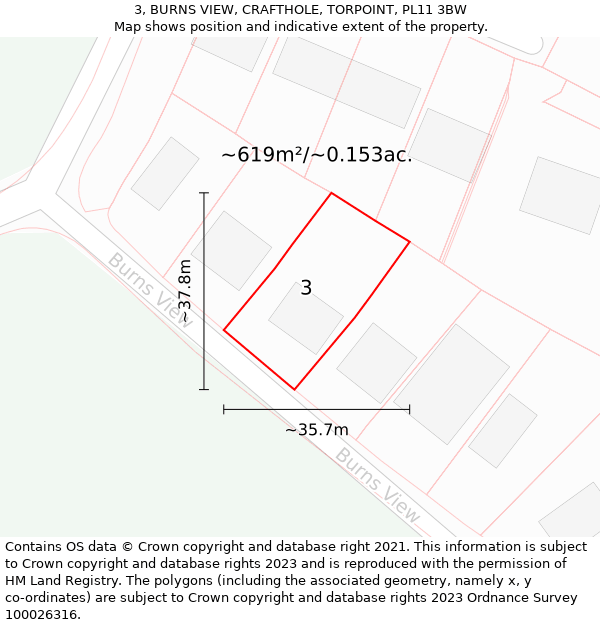 3, BURNS VIEW, CRAFTHOLE, TORPOINT, PL11 3BW: Plot and title map