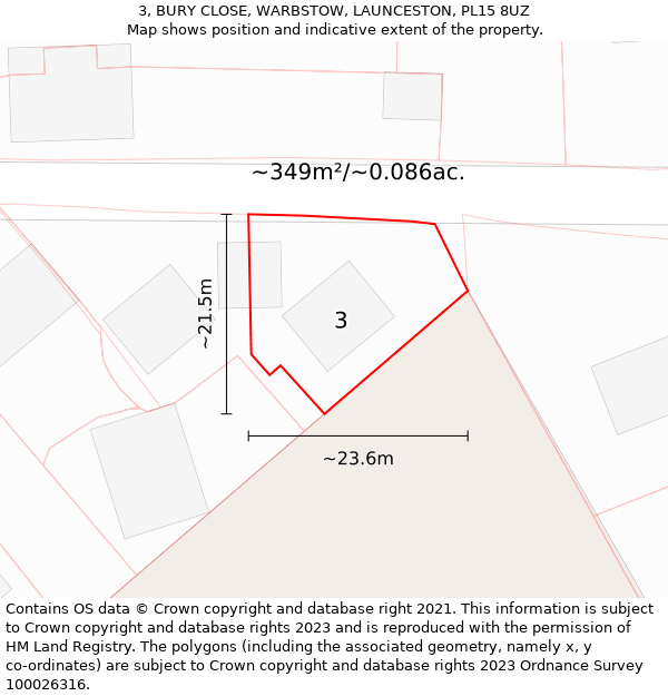 3, BURY CLOSE, WARBSTOW, LAUNCESTON, PL15 8UZ: Plot and title map