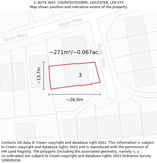 3, BUTE WAY, COUNTESTHORPE, LEICESTER, LE8 5TX: Plot and title map