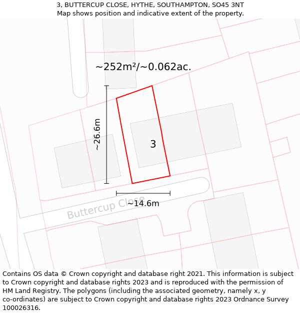 3, BUTTERCUP CLOSE, HYTHE, SOUTHAMPTON, SO45 3NT: Plot and title map