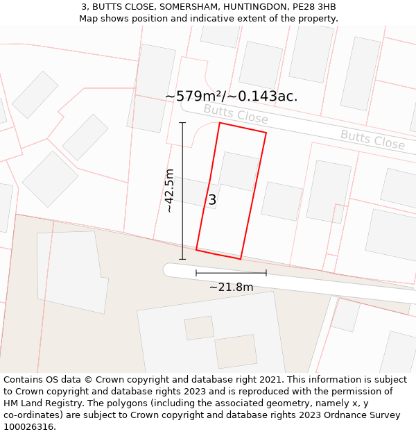 3, BUTTS CLOSE, SOMERSHAM, HUNTINGDON, PE28 3HB: Plot and title map