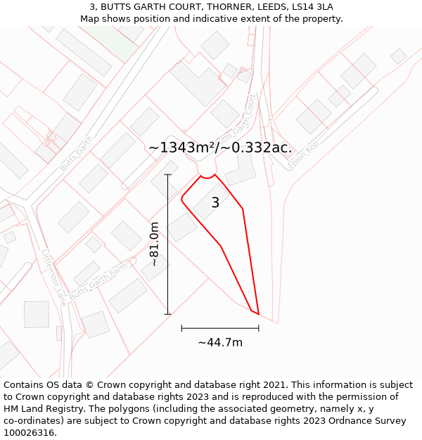 3, BUTTS GARTH COURT, THORNER, LEEDS, LS14 3LA: Plot and title map