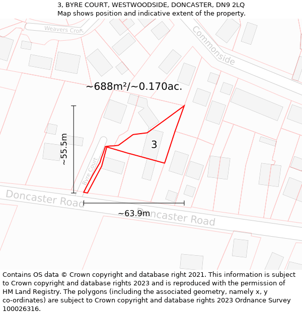 3, BYRE COURT, WESTWOODSIDE, DONCASTER, DN9 2LQ: Plot and title map