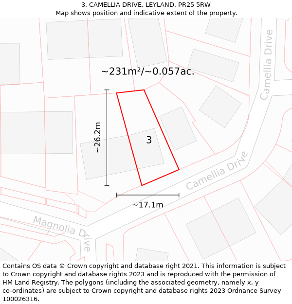 3, CAMELLIA DRIVE, LEYLAND, PR25 5RW: Plot and title map