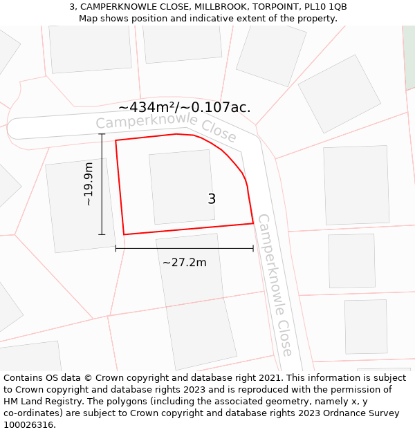 3, CAMPERKNOWLE CLOSE, MILLBROOK, TORPOINT, PL10 1QB: Plot and title map